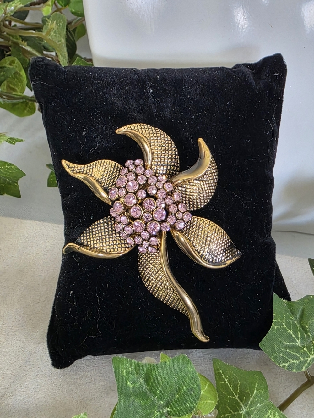Gold Vintage Flower Brooch Pin with Lavender Crystal